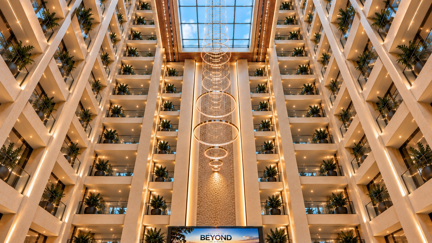 Upward view of the VHQ atrium, balconies and chandelier