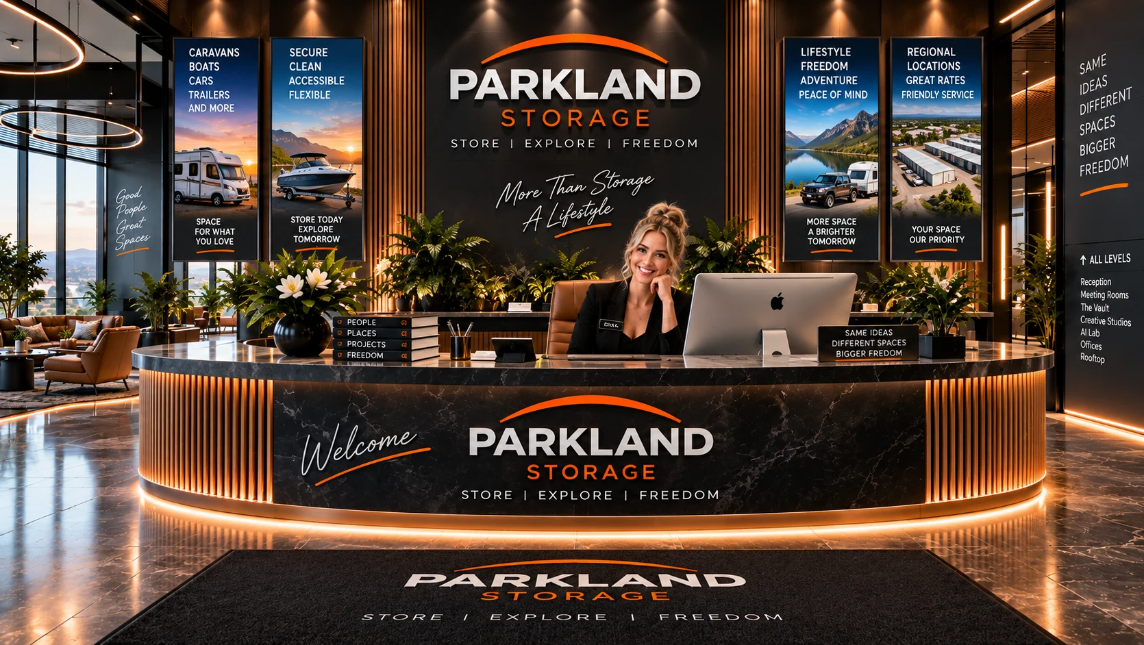 Parklands Storage Level 7 foyer with reception, storage corridor and site directory